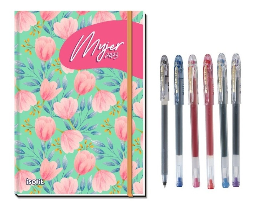 Agenda Mujer Año + Stickers + 6 Lapices Pilot Super Gel
