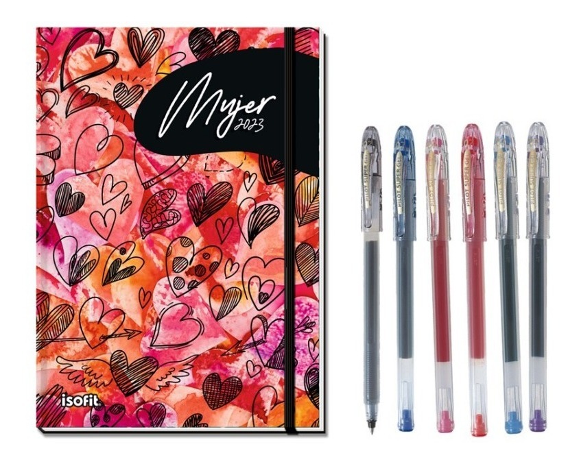 Agenda Mujer Año + Stickers + 6 Lapices Pilot Super Gel