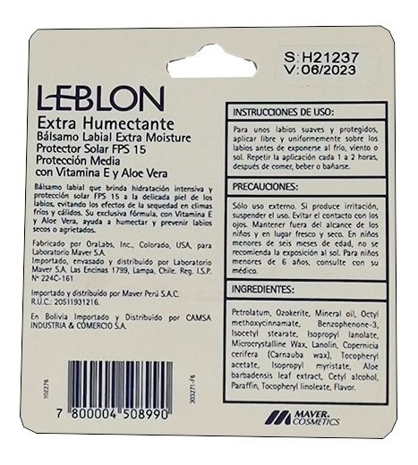 Protector Solar Labial Extra Humectante Con Vitaminae Y Aloe