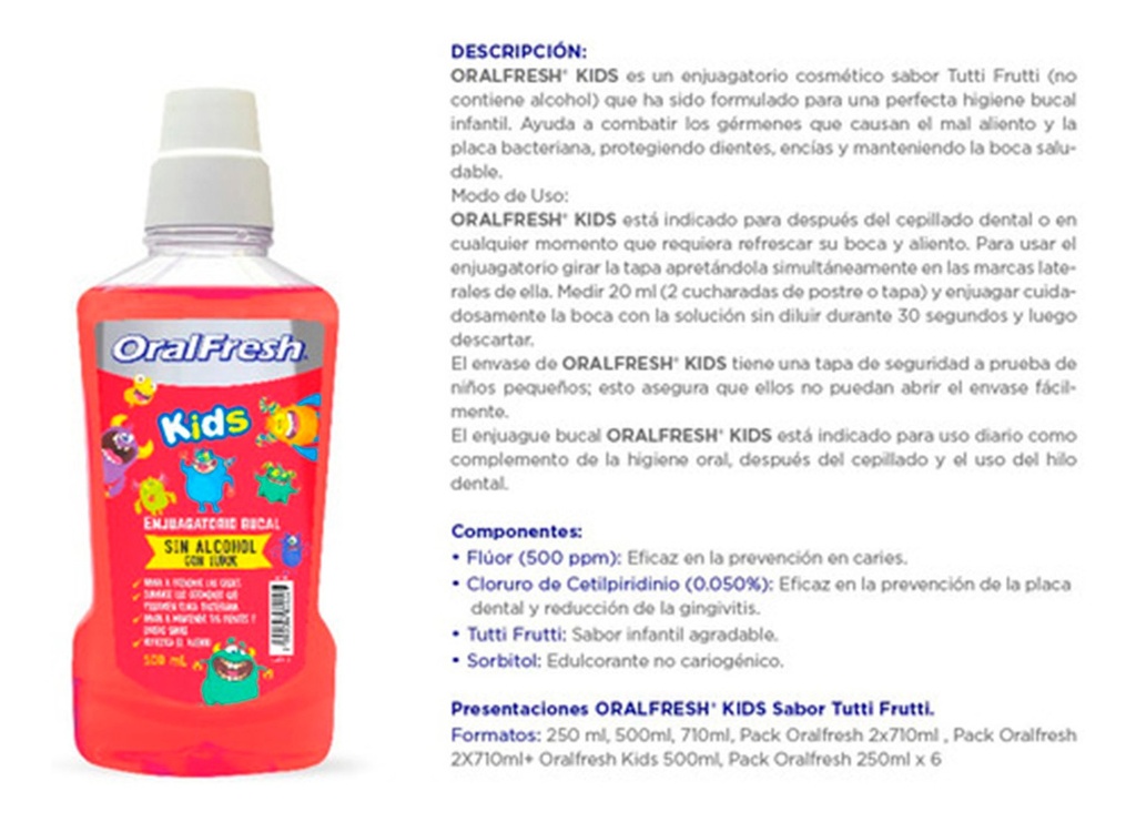 Enjuague Bucal Para Niños Sin Acohol + Fluor Oralfresh 250ml