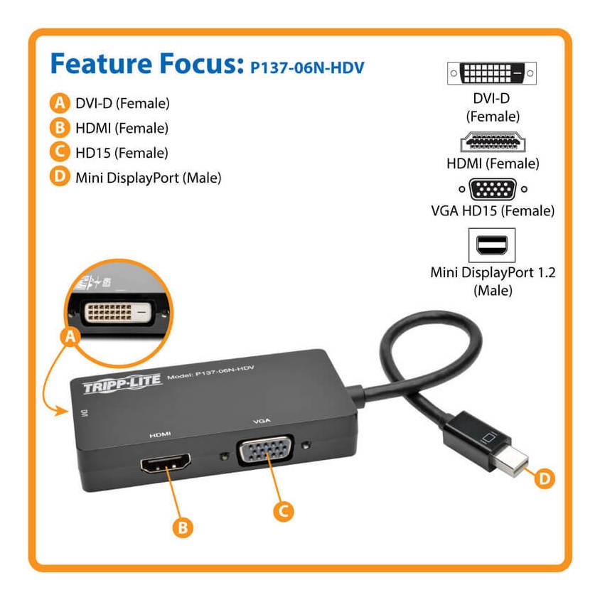 Tripp Lite Mini Displayport Vga Dvi Hdmi Adaptador Mdp 6